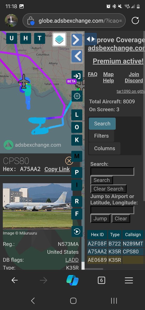 norb420's tweet photo. #A2F08F as #N289MT/#VOODOO1
#A75AA2 as #CPS80/#N573MA
#AE0689 as ?
🤔 #VOODOO1 was up from Eglin AFB KVPS flew a variety of patterns at 25k-ish feet with #AE0689 from Scott AFB KBLV and it tanked something at around 18k feet under the pattern #VOODOO1 was flying. #CPS80 came from March AFB KRIV and set up a refueling track at 21k then moved a bit further south later in the "test". #CPS80 went to Cecil Airport KVQQ and the other two returned to their orgin destination.