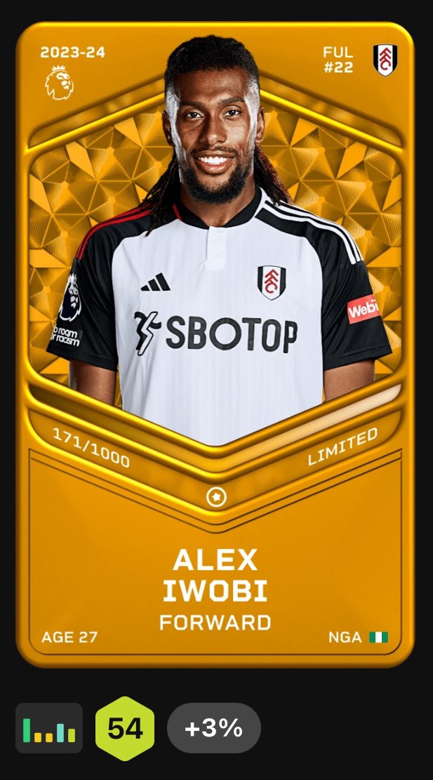 WILL HE BEAT HIS L15? #SorareGiveaway

Will Alex Iwobi beat his L15 (of 54) vs West Ham Utd?

To enter the draw for his Limited Card:-

- Follow <a href="/aboveaveragefpl/">Adam - Above Average FPL</a> and RT this post
- Guess “Yes” or “No” and comment your Sorare username below.

Correct answers will be in the draw!