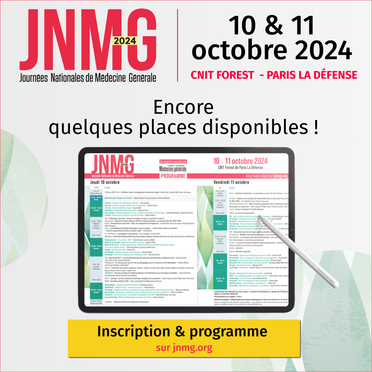 📣 #JNMG2024: Dernières places disponibles en présentiel sur notre congrès de médecine générale ! 👨‍⚕️👩‍⚕️
🚀Choisissez vos sessions et créez votre programme sur mesure: inscriptions.jnmg.org/?utm_source=RS… 
 
Les Journées Nationales de Médecine Générale sont organisées par La Revue du Praticien