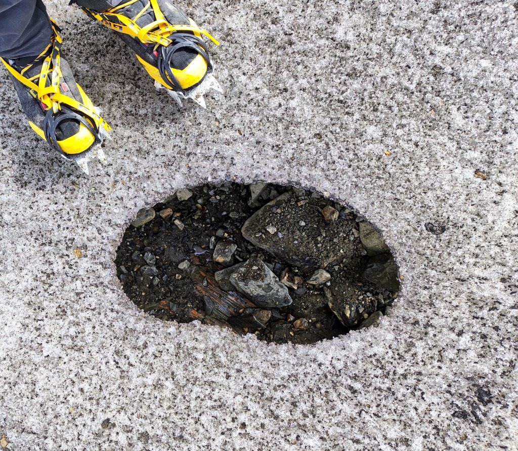 Matthias Huss (@matthias_huss) on Twitter photo Walking on thin ice...
A hole in the ice of Griesgletscher allows spotting the #glacier bed beneath. Just a few more melt days and the ice is gone here. Walking on thin ice...
A hole in the ice of Griesgletscher allows spotting the #glacier bed beneath. Just a few more melt days and the ice is gone here.
