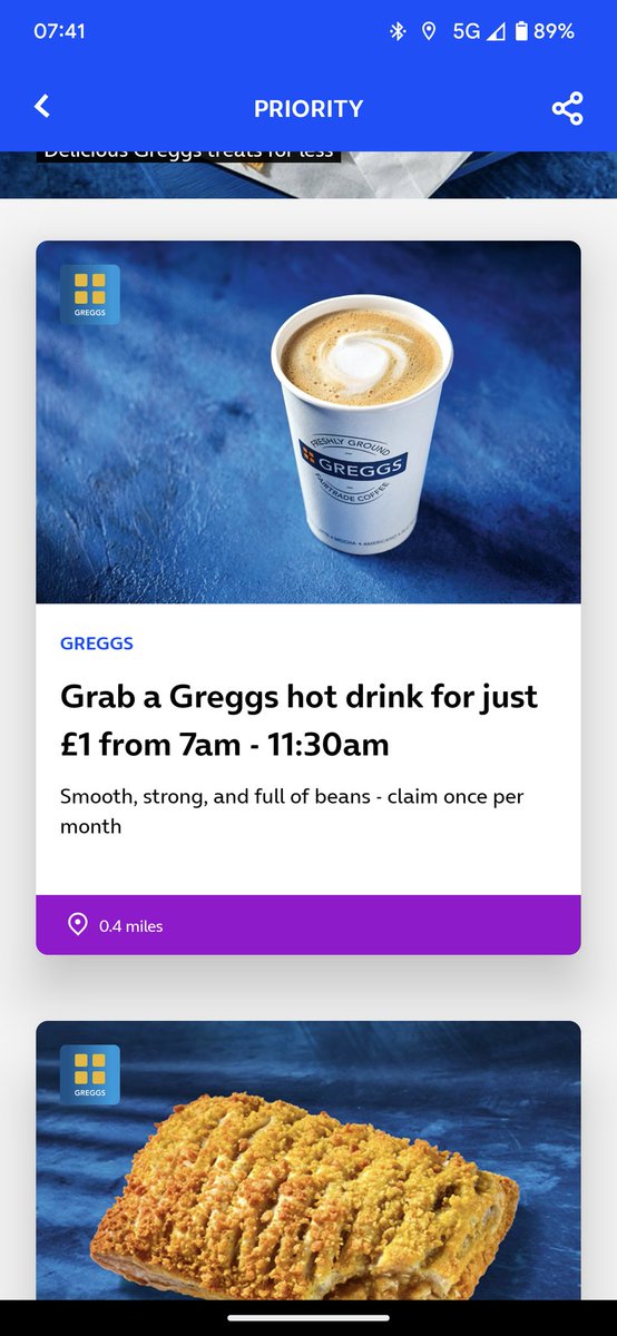 What the hell happened to o2 priority and Greggs... Once a month now, 

REALLY?!?

Fucking hell at this point I may actually consider restarting my pret subscription 

#o2priority #greggs #greggsuk #o2prioritygreggs #absoluteshocker