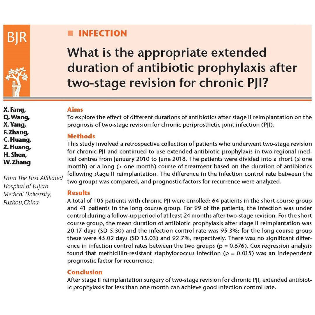 The purpose of this study was to evaluate the influence of different extended antibiotic durations after two-stage revision for chronic periprosthetic joint infection on the prognosis of infection.

#BJR #Antibiotic #Surgery

ow.ly/HpKN50ThiFs
