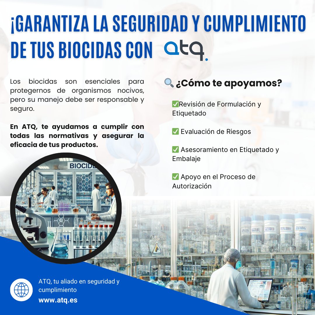 ATQQuimyser's tweet photo. 🦠 Los biocidas protegen, pero su uso debe ser seguro y responsable. ¡Confía en ATQ para asegurar su cumplimiento y seguridad! 🛡️

#BiocidasSeguros #CumplimientoNormativo #ATQ https://t.co/Xxed9DnA6I