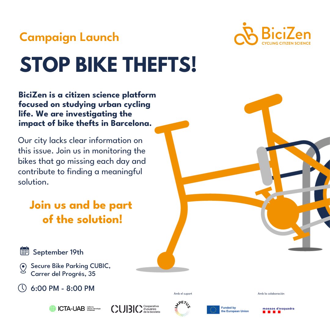 bicizenapp's tweet photo. 📢🚴‍♂️ Launch of the "Report Bike Thefts!" Campaign with BiciZen 🚴‍♀️🔍

📅 Date: September 19th
🕕 Time: 6:00 PM to 8:00 PM
📍 Location: CUBIC secure bike parking, Carrer del Progrés, 35, Barcelona

Join us and learn how you can contribute to improving bike security in the city. 🔒 https://t.co/WhvH7i5h9j