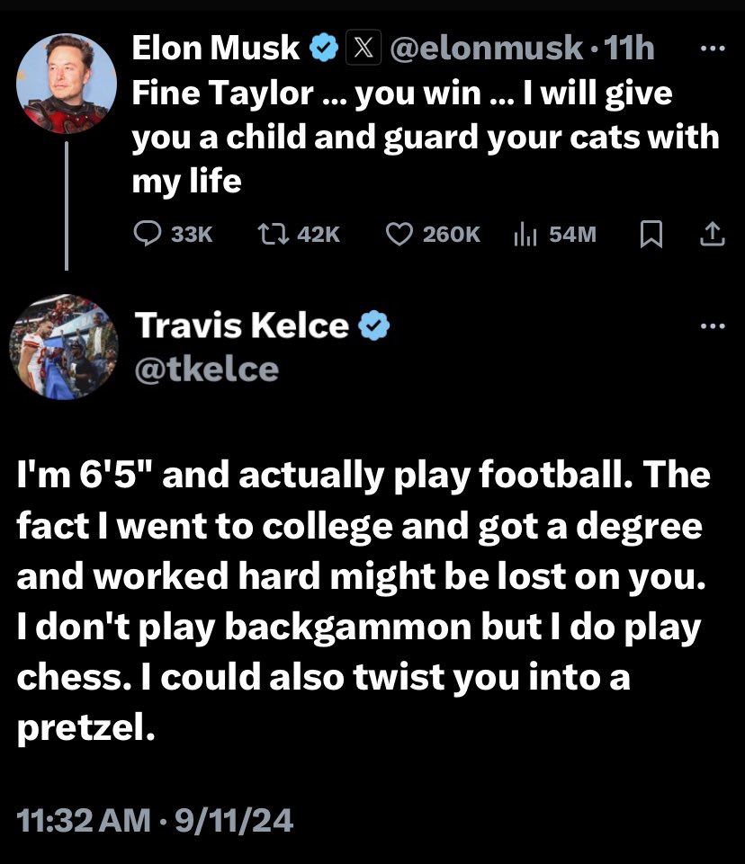 Don't you just love when a big hunky guy defends his little lady... or more specifically, when Travis Kelce shoves his cleated football player foot up Elon Musk's butt to thwart his snide post to gf Taylor Swift?