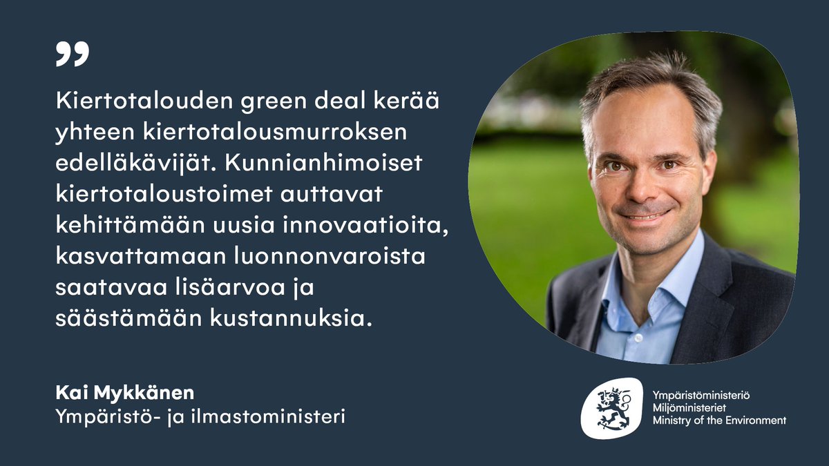Kiertotalouden green dealin 1. sitoutujat vähentävät luonnonvarojen käyttöä ja vauhdittavat kiertotalousmurrosta: <a href="/AInsinoorit/">A-Insinöörit</a>, <a href="/BorealisFinland/">Borealis Finland</a>, Fyra, <a href="/SkanskaFinland/">Skanska Finland</a>, <a href="/PorvooBorga/">Porvoon kaupunki - Borgå stad</a>, <a href="/VantaanEnergia/">Vantaan Energia</a> ja <a href="/YlvaHelsinki/">Ylva</a>.

Tiedote: ym.fi/-/kiertotaloud…

#KiertotaloudenGreenDeal