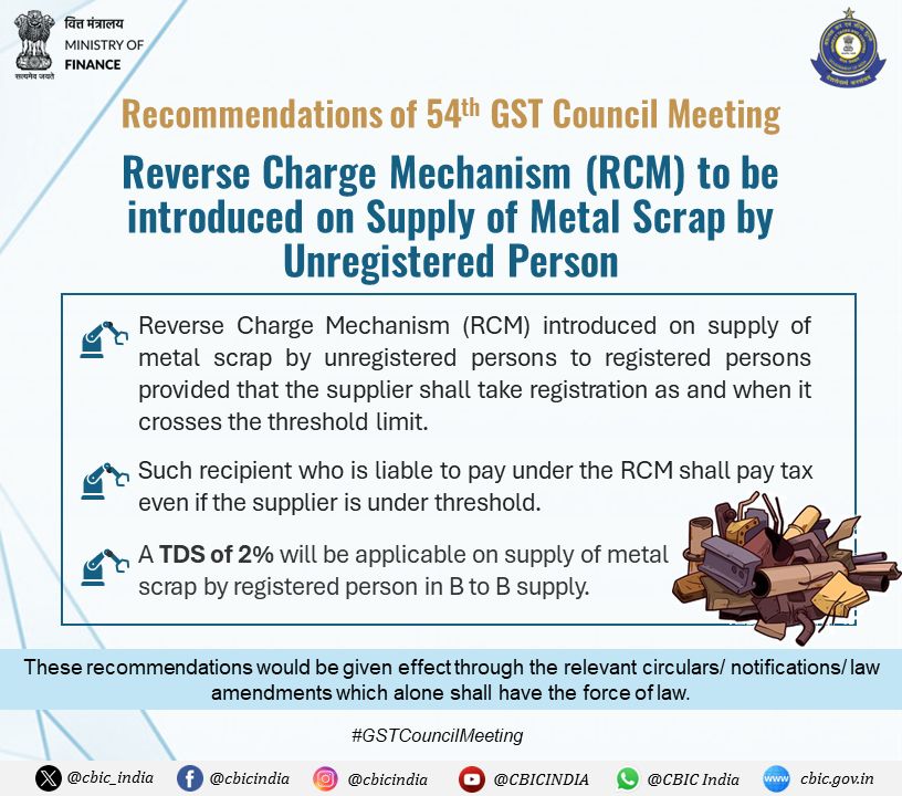 Reverse Charge Mechanism (RCM) to be introduced on supply of Metal Scrap by an unregistered person, recommended by 54th #GSTCouncilMeeting