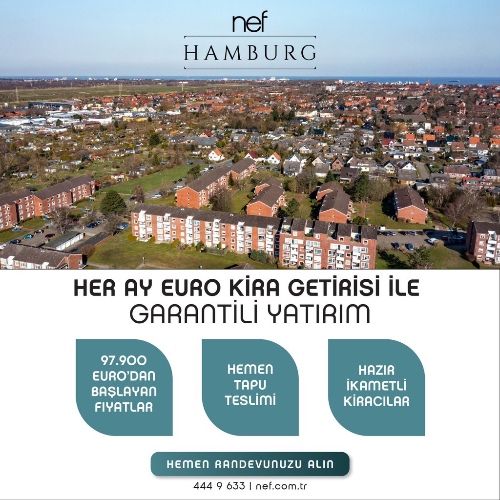 Garanti Döviz Kira Geliri ve Hemen Tapu Teslim İmkanı: Nef Hamburg
Avrupa'da 97.900 €’dan başlayan fiyatlar ile kiracısı hazır bir ev sahibi olmak ve 20 yıl boyunca devam eden garanti döviz kira geliri garantisi ile geleceğinize güvenli bir yatırım yapın.