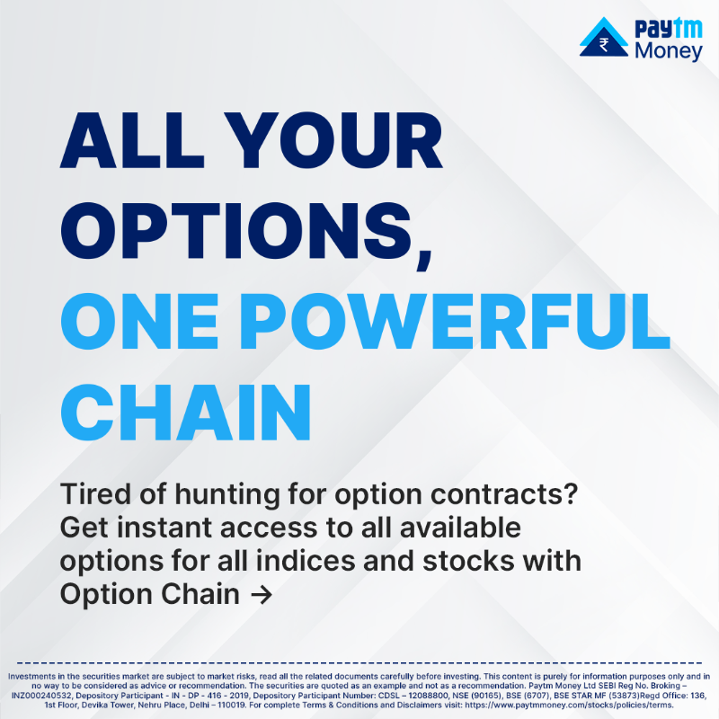 PaytmMoney's tweet photo. Why complicate your trades when you can simplify them with Option Chain? Access all available options, get key market data, and make faster, more informed decisions with Option Chain on Paytm Money.

#PaytmMoney #OptionChain #OptionContracts #MarketData