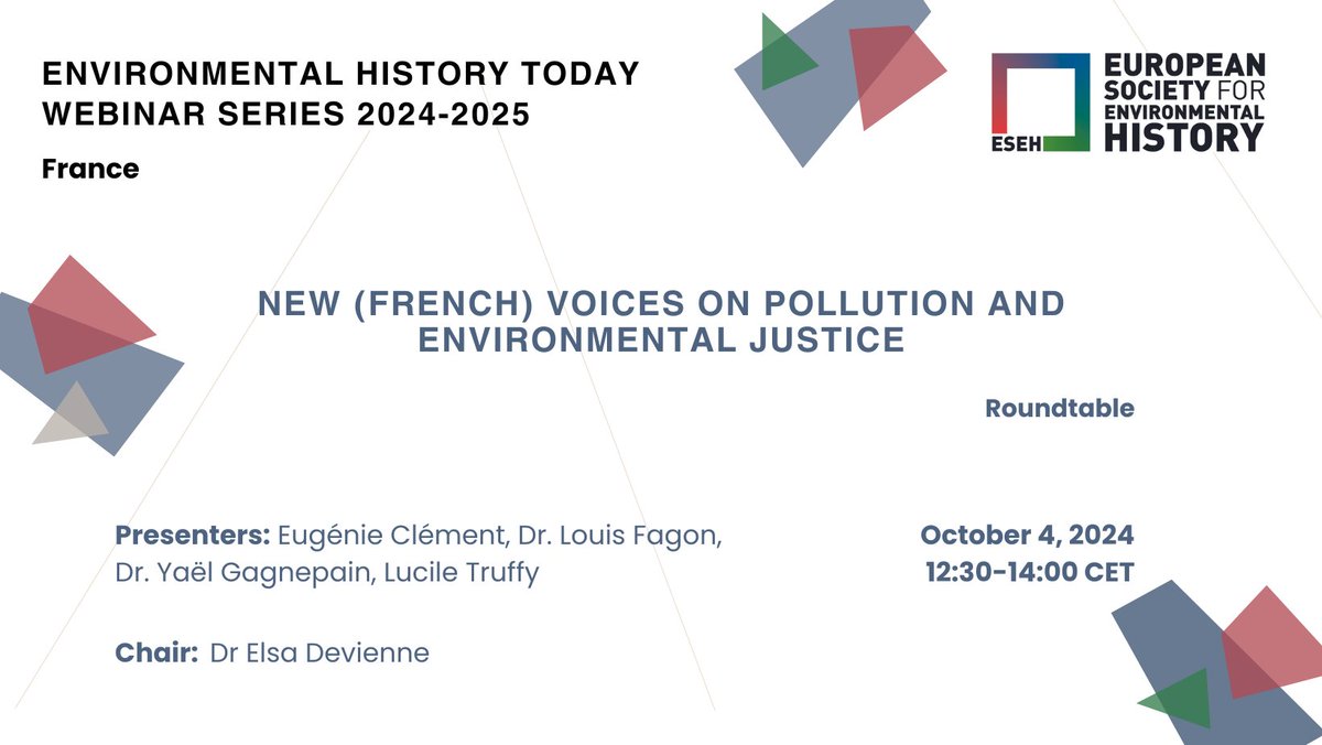 ESEH (@esehtweets) on Twitter photo ⚡️Our online seminar series is back after the summer!
Join us on 4 Oct for a discussion on #envhist, #environmentaljustice & #pollution in France with @E_Devienne <a href="/LucileTruffy/">luciletruffy.bsky.social</a> @LouisFagon Yaël Gagnepain & Eugénie Clément
More info: eseh.org/envhistoday-we… ⚡️Our online seminar series is back after the summer!
Join us on 4 Oct for a discussion on #envhist, #environmentaljustice & #pollution in France with @E_Devienne <a href="/LucileTruffy/">luciletruffy.bsky.social</a> @LouisFagon Yaël Gagnepain & Eugénie Clément
More info: eseh.org/envhistoday-we…