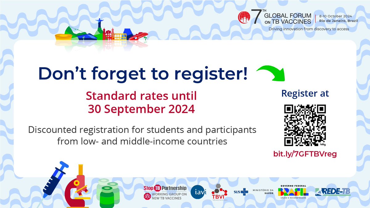 Register for the 7th #GlobalForumTBVax before 30 September to take advantage of the standard rates. Don't miss this chance to join the global TB vaccine community as we explore driving innovation from discovery to access!

🔗 Register now at tbvaccinesforum.org/register
