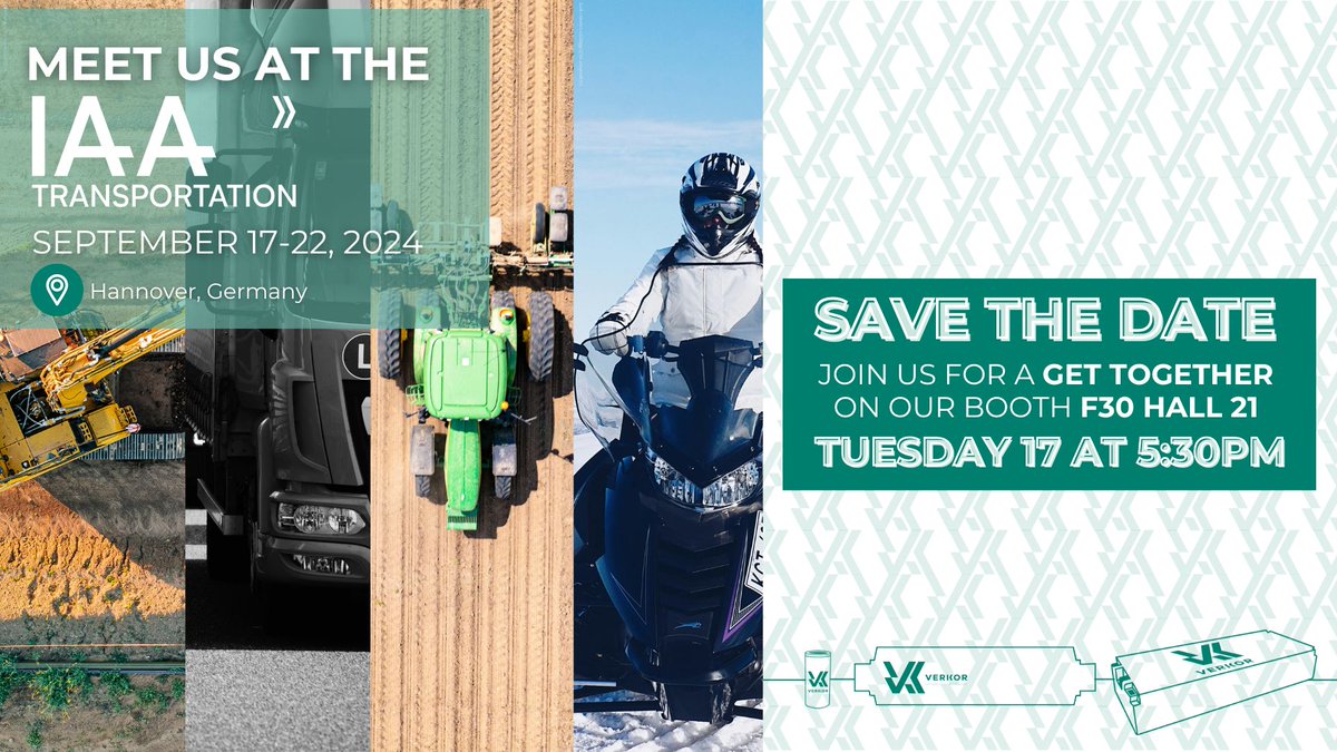 #VekorNews 

Meet us at IAA TRANSPORTATION from 17 to 22 September 2024 in Hannover

📌 📅 Come and meet our teams for a get-together on Wednesday 18 September - 5.30 pm on the Verkor stand (F30 Hall 21)!

#IAA24 #batteries #innovation
