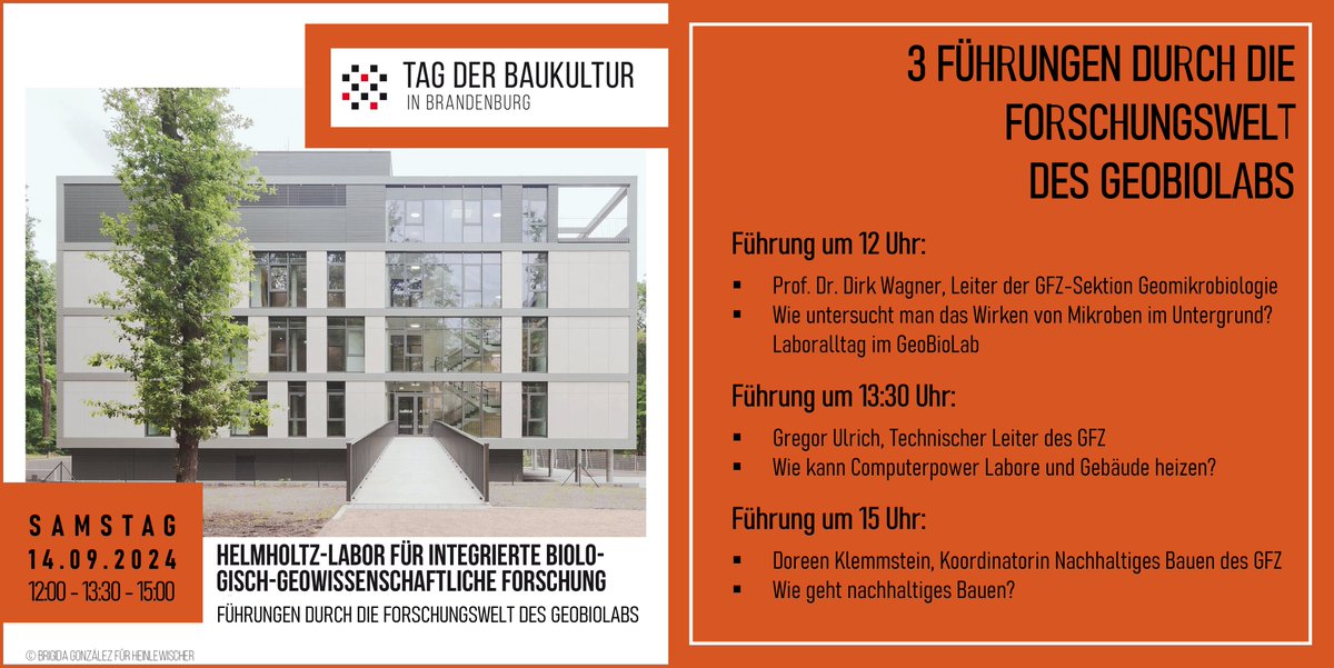 📢Kommt zum Tag der Baukultur: Energieeffizienz trifft GeoBio-Forschung
Wir bieten mit 3 Führungen Einblicke in unser GeoBioLabor: Wie untersucht man mikrobielle Prozesse im Untergrund? Wie kann Computerpower Labore heizen? Wie geht nachhaltiges Bauen?
👉gfz-potsdam.de/presse/meldung…