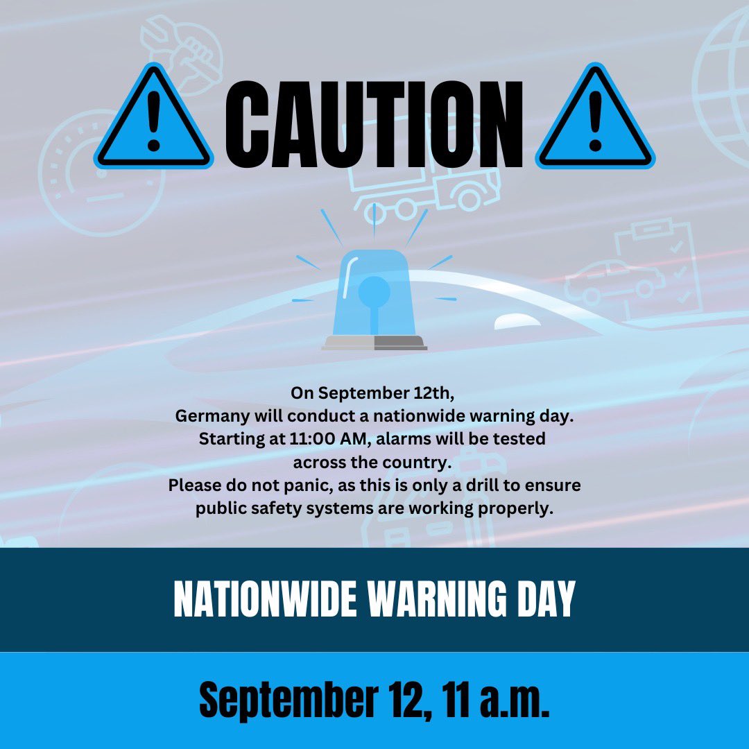 Today is the nationwide warning day! At 11 a.m., the warning systems will be triggered as a test. This includes sirens, warning apps, and alerts on mobile phones. It is only a drill, so please don't be alarmed!