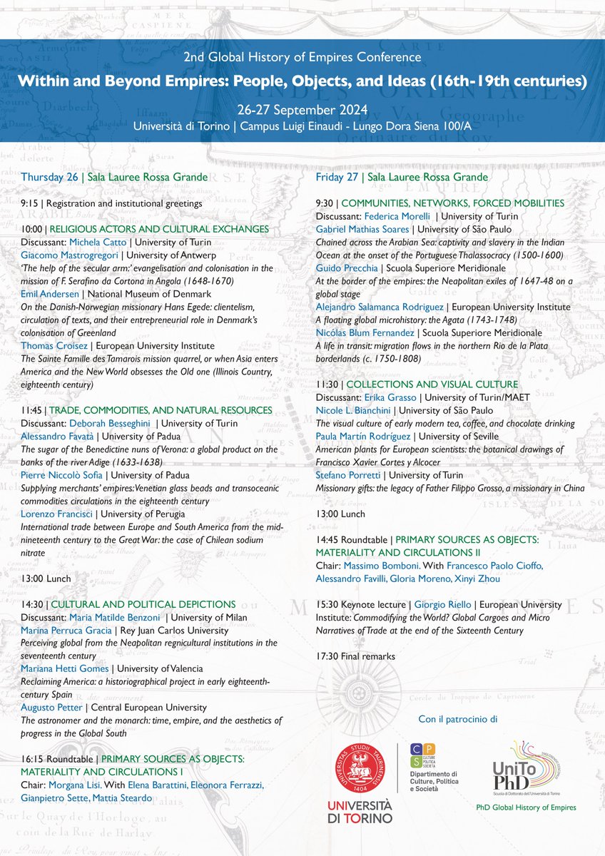 BomboniMassimo's tweet photo. 📢 Excited to share the final programme for the 2nd @HistoryEmpires Conference: "Within and Beyond Empires: People, Objects, and Ideas (16th-19th centuries)", happening on 26-27 September in Torino! 🌍. Full details here: https://t.co/4Y6szOzs0g https://t.co/iuBaGZOW4h