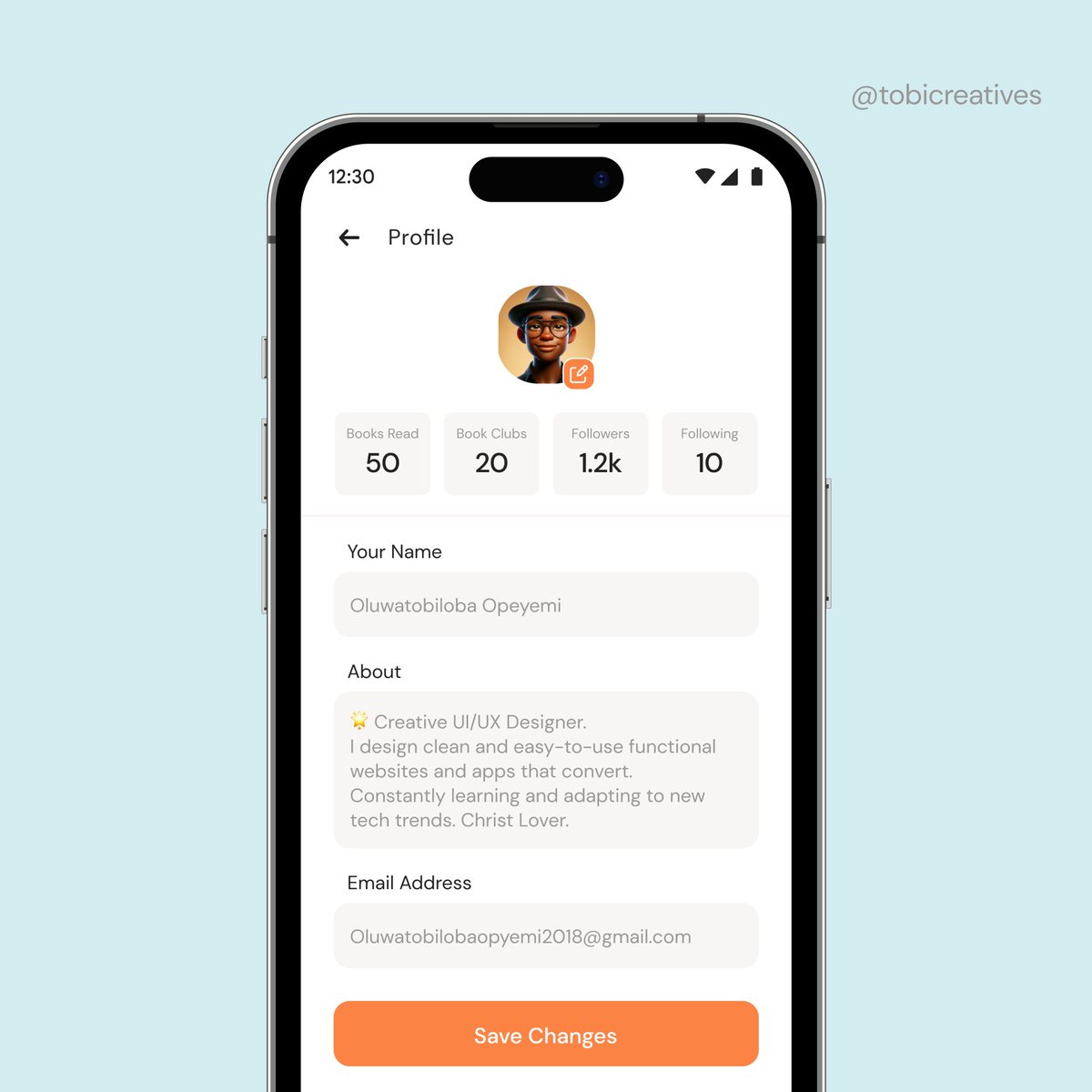 tobicreatives's tweet image. Hi Guys 😀
Day 14 book app UI/UX:
User Profile Page 📚

Designed a personalized space showcasing readers literary journey. 
What info would you want on your book app profile?

@stephanieorkuma @victorfatanmi 
#UIDesign #BookApp #DailyUI #UXDesign #UIUX #figma