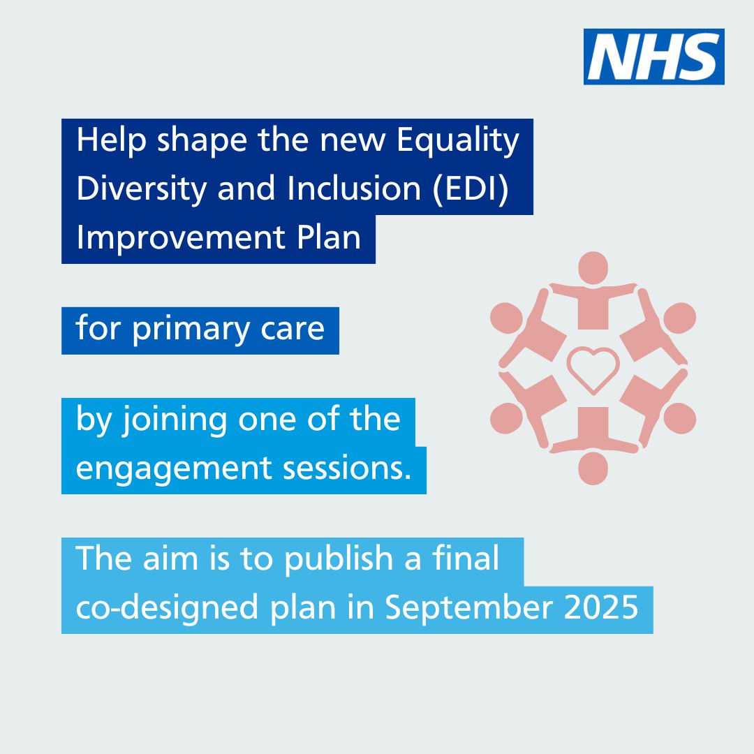We are Primary Care (@primarycarenhs) on Twitter photo NHS England is inviting colleagues from primary care to help shape the new Equality Diversity and Inclusion (EDI) Improvement Plan for primary care.
Book onto an engagement session:
⬇️ events.england.nhs.uk/events/develop…
⬇️
events.england.nhs.uk/events/develop…
⬇️
events.england.nhs.uk/events/develop… NHS England is inviting colleagues from primary care to help shape the new Equality Diversity and Inclusion (EDI) Improvement Plan for primary care.
Book onto an engagement session:
⬇️ events.england.nhs.uk/events/develop…
⬇️
events.england.nhs.uk/events/develop…
⬇️
events.england.nhs.uk/events/develop…