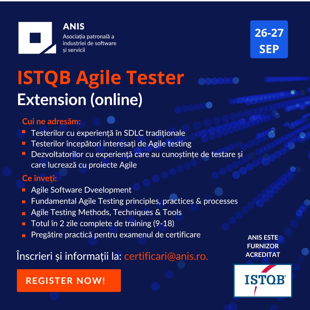 ANIS Romania (@anis_ro) on Twitter photo 🔔 #BackToSchool with #ISTQB!📚 Register for the Agile Tester Extension online course from 🗓️September 26-27. Enhance your testing skills in #Agile methodologies.
🚀Last chance in 2024! 📧 Register now at certificari@anis.ro!
#AgileTesting #cursuriANIS #AgileExtension 🔔 #BackToSchool with #ISTQB!📚 Register for the Agile Tester Extension online course from 🗓️September 26-27. Enhance your testing skills in #Agile methodologies.
🚀Last chance in 2024! 📧 Register now at certificari@anis.ro!
#AgileTesting #cursuriANIS #AgileExtension