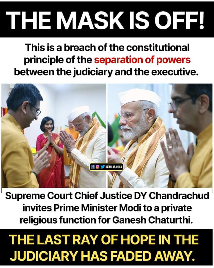 Mr_RGandhi's tweet photo. Chief Justice of India has compromised the separation of powers between the Executive and Judiciary.

#CJIDYChandrachud https://t.co/bWPKQkwEf9