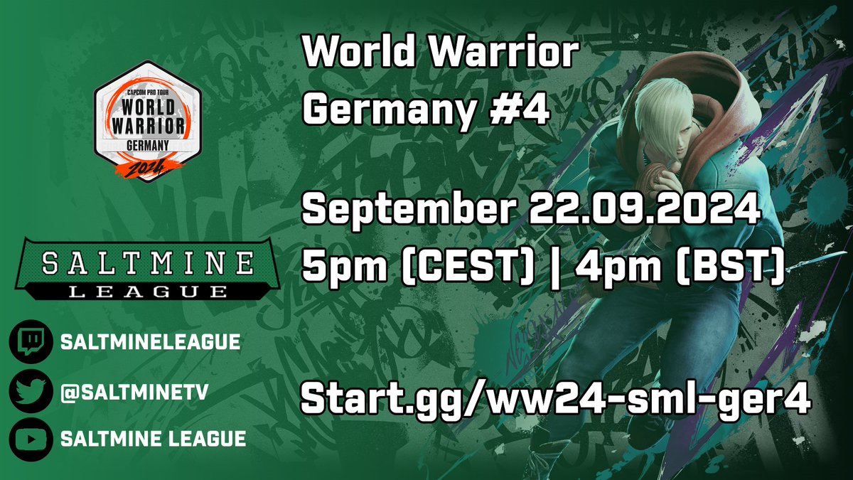 You can sign-up for the fourth #StreetFighter6 #CPTWW2024 #SML "Germany" 🇩🇪 Tournament!  #FGC #SF6     

Registration closes: 22.09.2024, 12pm (CEST)    Tournament start: 22.09.2024, 5pm (CEST)      

Sign-Up: start.gg/ww24-sml-ger4
Discord: discord.gg/MvNmKhX