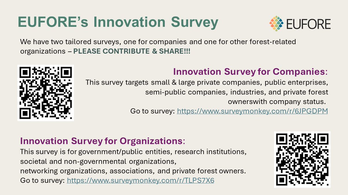 🌲 Are you part of the #forestry sector? 

Whether you're a small or large #company, #industry, #forestowner, #consultancy, #researchorganization, #public #enterprise, #NGO  – we need your insights! 🌍

📊 Join the #EUFORE INNOVATION Survey to shape the future of forestry. 🙏
⬇️