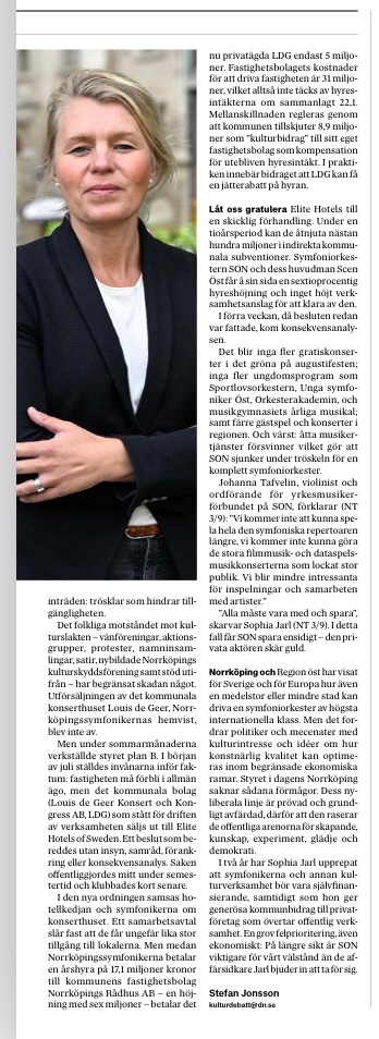 livbeckstrom's tweet photo. Nu slaktas kulturen i Norrköping, trots överskott på hundratals miljoner. 
Elite hotels får 100 av dessa av Sophia Jarl (M),  medan symfoniorkesterns hyra höjs med 60 % och 8 musikertjänster försvinner ihop  med ungdomssatsningar.
Smärtsam läsning om kulturskymning i @DNKultur https://t.co/FCKKDuCM5N