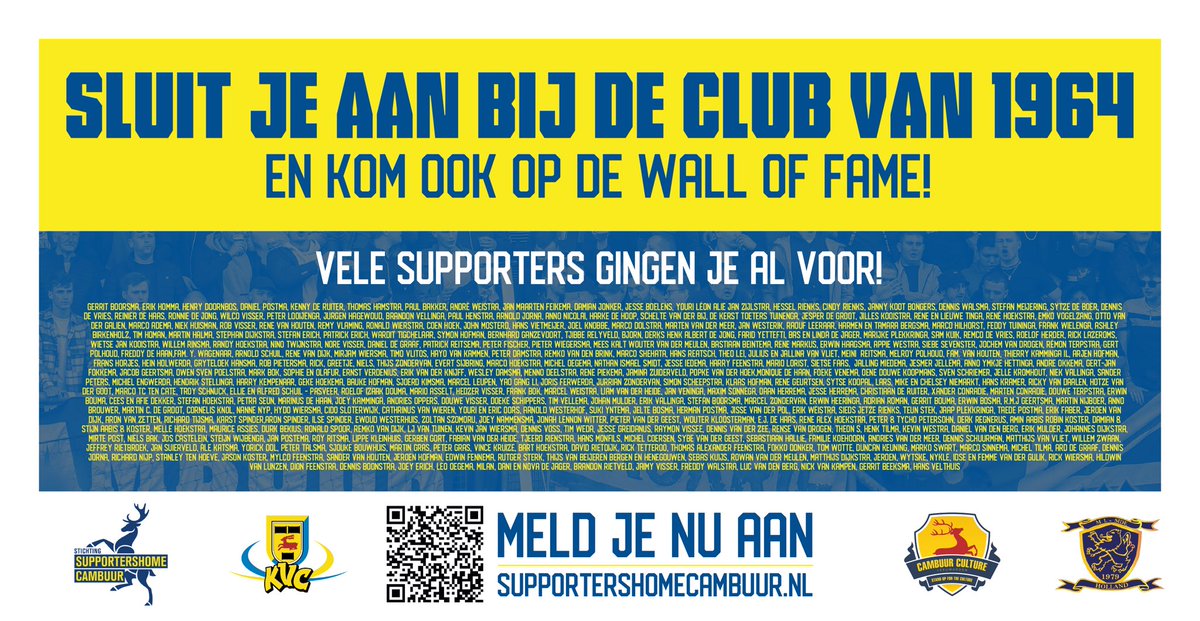 Staat jouw naam straks ook op de Wall of Fame?

Let op! Het blijft tot 1 oktober mogelijk om te kiezen voor betalen in termijnen. De optie om in 1x te betalen blijft daarna nog een tijdje mogelijk.

Aanmelden en meer informatie op onze website: supportershomecambuur.nl