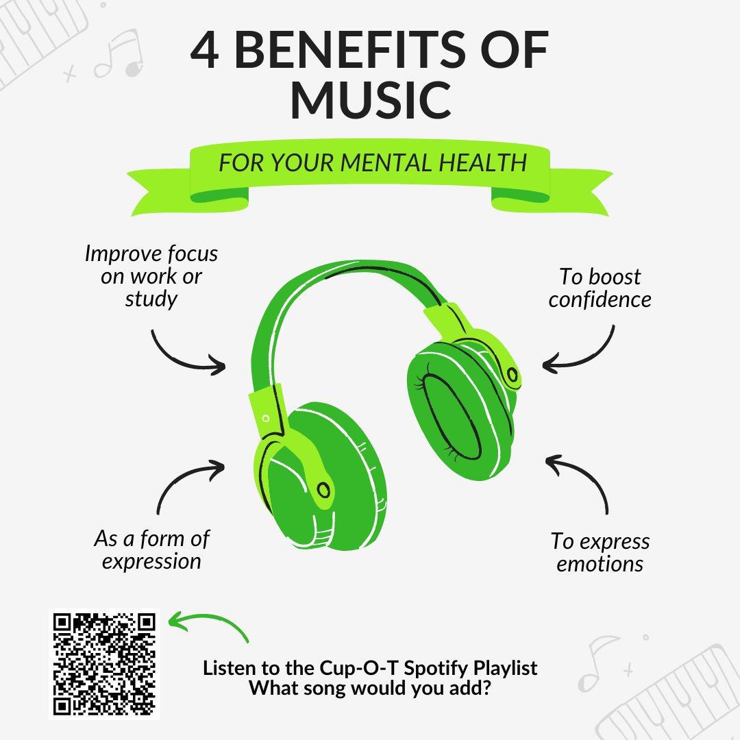 🎶 Music &amp; Mental Health 🎶

Did you know music can boost your mood, reduce stress, and support mental well-being? 💙

Check out the Cup-O-T Community Playlist on Spotify &amp; let us know: What song would YOU add? 🎧🎵👇

Playlist link #MentalHealth #MusicTherapy #CupOT