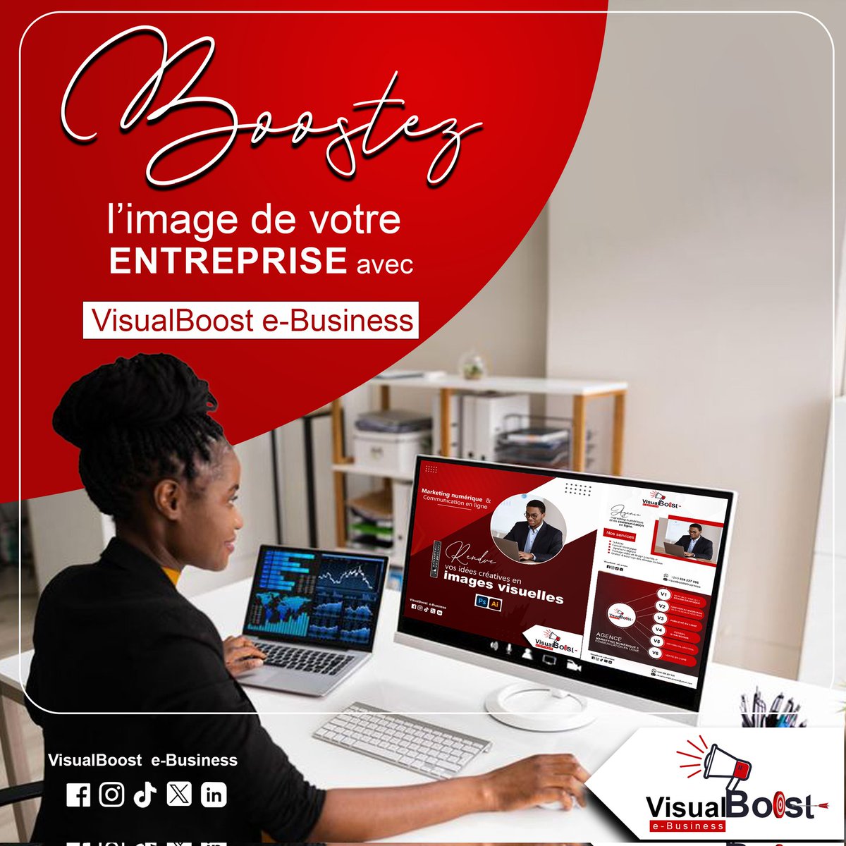 Visualboost_eB's tweet image. Boostez l&apos;image de votre entreprise avec VisualBoost e-Business grâce à nos services spécialisés : design graphique et montage vidéo, publicité en ligne, imprimerie digitale, conseil stratégique, gestion et boostage des réseaux sociaux, et vente en ligne.