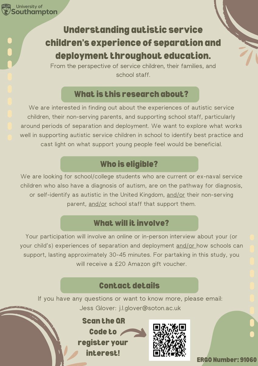 Jess has expanded the scope of her thesis, so now children aged 5-18 can participate, alongside their non-serving military parents, and school staff that support them (e.g., teacher, teaching assistant, SENCo). Can you help? southampton.qualtrics.com/jfe/form/SV_er…