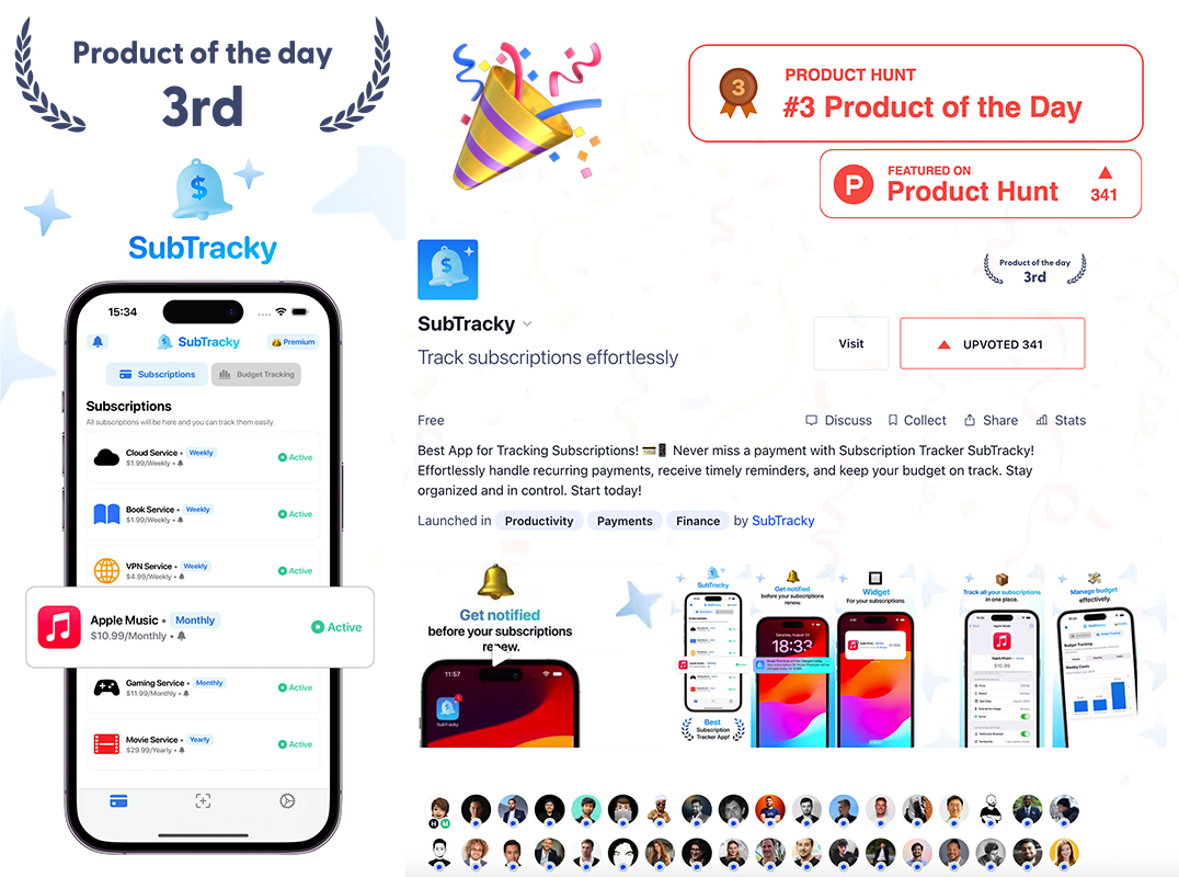 iosdeveren's tweet image. Hi everyone! 👋🏻
Thanks to your amazing support, @subtracky reached #3 Product of the Day on Product Hunt with 341 votes! 🚀 I couldn’t be more grateful! 🌟
Thank you! 🙏
#ProductHunt #Buildinpublic