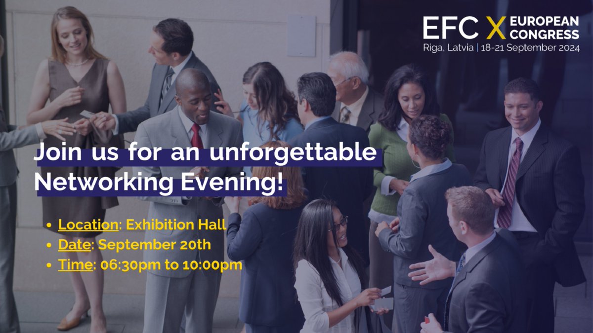 🥂 Network at #EFColposcopy24! 🧑‍⚕️👩‍⚕️👨‍⚕️

After a day full of learning, join us for a networking evening. Connect with peers and leaders in a relaxed setting, perfect for fostering professional relationships.

📍 Exhibition Hall
📅 September 20th, 2024
⏰ Time: 06:30pm to 10:00pm