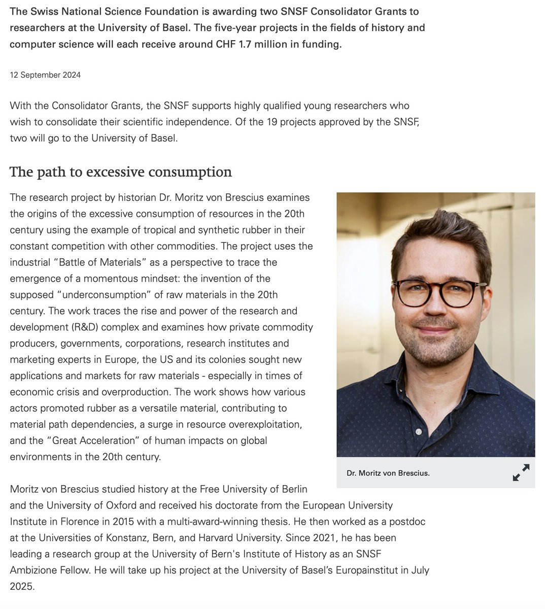 MoritzBrescius's tweet image. Thrilled to announce that I was awarded a SNSF Consolidator Grant on the origins of excessive resource consumption in the C20. Will start @UniBasel in 2025. Most grateful to my colleagues @unibern for having my back during 6 years & looking forward to working with a new team