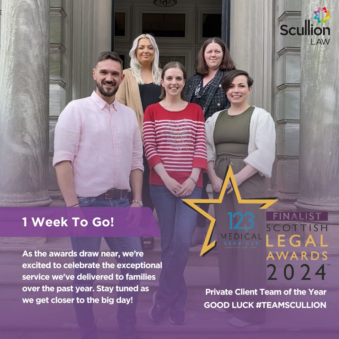 Just one week to go until the Scottish Legal Awards 2024! The anticipation is building, and we can’t wait to celebrate with all the finalists.

Learn more: scullionlaw.com/finalist-for-p…

#ScottishLegalAwards2024 #PrivateClient #ScullionLAW #LegalExcellence #TeamScullion