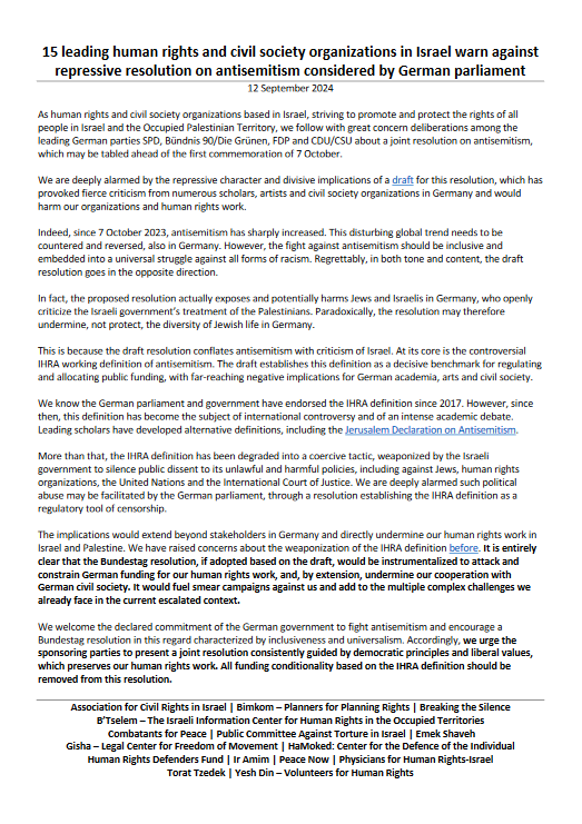 HaMoked (@hamokedrights) on Twitter photo 15 leading human rights & civil society organizations in Israel warn against repressive resolution on antisemitism considered by German parliament, which may be tabled ahead of the first commemoration of 7 October. 1/10
<a href="/spdbt/">SPD-Fraktion im Bundestag</a>
<a href="/GrueneBundestag/">Grüne im Bundestag 🇪🇺🏳️🌈</a>
<a href="/fdpbt/">Fraktion der Freien Demokraten</a>
<a href="/cducsubt/">CDU·CSU</a>
@Rolf_Muetzenich 15 leading human rights & civil society organizations in Israel warn against repressive resolution on antisemitism considered by German parliament, which may be tabled ahead of the first commemoration of 7 October. 1/10
<a href="/spdbt/">SPD-Fraktion im Bundestag</a>
<a href="/GrueneBundestag/">Grüne im Bundestag 🇪🇺🏳️🌈</a>
<a href="/fdpbt/">Fraktion der Freien Demokraten</a>
<a href="/cducsubt/">CDU·CSU</a>
@Rolf_Muetzenich