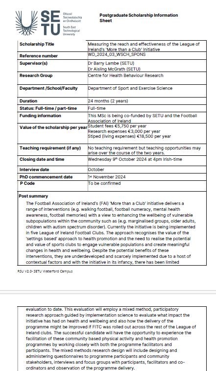 DSESSETU (@dsessetu) on Twitter photo We have an excellent funded postgraduate opportunity here <a href="/SETUIreland/">South East Technological University</a> <a href="/DSESSETU/">DSESSETU</a> with <a href="/barrylambeSETU/">Barry Lambe</a> and <a href="/ash_mcg/">Aisling McGrath, PhD</a> to evaluate the League of Ireland's 'More than a club initiative'. In partnership with <a href="/FAIreland/">FAIreland</a> & <a href="/HealthyIreland/">HealthyIreland</a> We have an excellent funded postgraduate opportunity here <a href="/SETUIreland/">South East Technological University</a> <a href="/DSESSETU/">DSESSETU</a> with <a href="/barrylambeSETU/">Barry Lambe</a> and <a href="/ash_mcg/">Aisling McGrath, PhD</a> to evaluate the League of Ireland's 'More than a club initiative'. In partnership with <a href="/FAIreland/">FAIreland</a> & <a href="/HealthyIreland/">HealthyIreland</a>