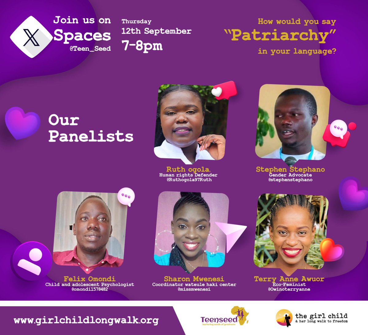 Join us tonight from 7 -8pm  for an X-space as we engage on the subject "patriarchy" what is your understanding of the term? How do you say it in your language?

#Utawadume
#SeedsofGreatness

@Teenseed
@GCLW
