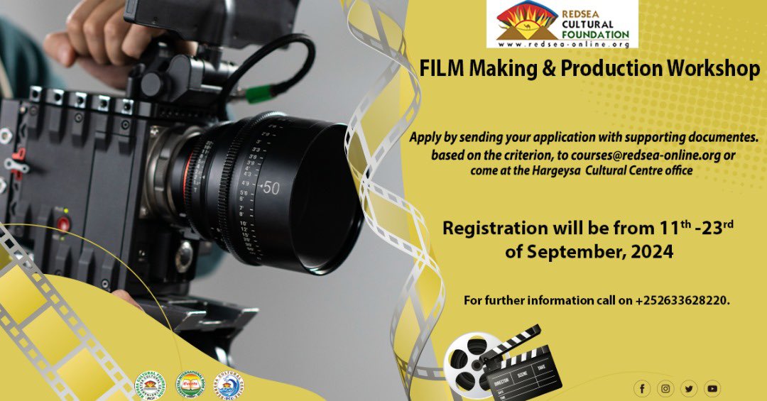 Hargeysa International Book Fair (@hibf) on Twitter photo Are you interested on Film Making?
The <a href="/HargeysaCC/">Hargeysa Cultural Centre</a> is opening a Film making and production workshop
Apply by filling the application form and send any supporting documents to courses@redsea-online.org or visit us at Hargeysa Cultural Center office.
forms.gle/74feq6itgkmWZv… Are you interested on Film Making?
The <a href="/HargeysaCC/">Hargeysa Cultural Centre</a> is opening a Film making and production workshop
Apply by filling the application form and send any supporting documents to courses@redsea-online.org or visit us at Hargeysa Cultural Center office.
forms.gle/74feq6itgkmWZv…