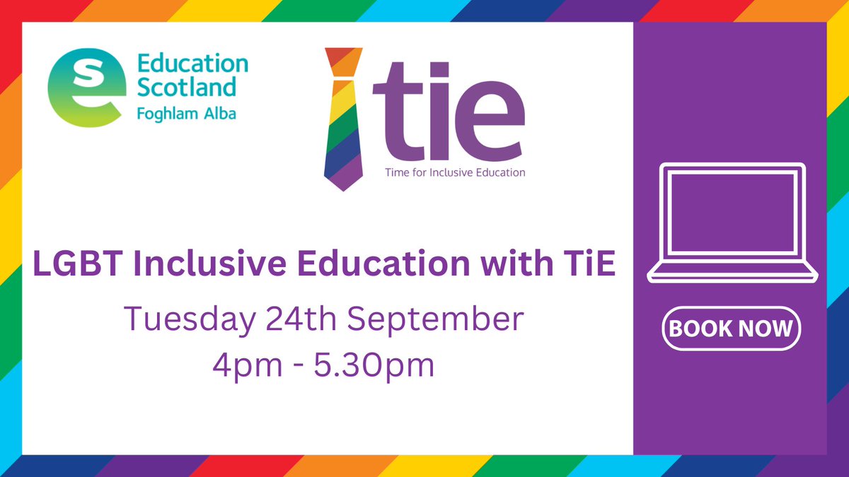 Professional Learning and Leadership (@edscotpll) on Twitter photo We at <a href="/EducationScot/">Education Scotland</a> are delighted to endorse Stages 1&2 of TiE's free national programme 'Delivering LGBT Inclusive Education'.
Find out more at our webinar on Tuesday 24th September, 4pm-5.30pm.
Click here to register π bit.ly/4d5Vjxh
#timeforinclusiveeducation We at <a href="/EducationScot/">Education Scotland</a> are delighted to endorse Stages 1&2 of TiE's free national programme 'Delivering LGBT Inclusive Education'.
Find out more at our webinar on Tuesday 24th September, 4pm-5.30pm.
Click here to register π bit.ly/4d5Vjxh
#timeforinclusiveeducation