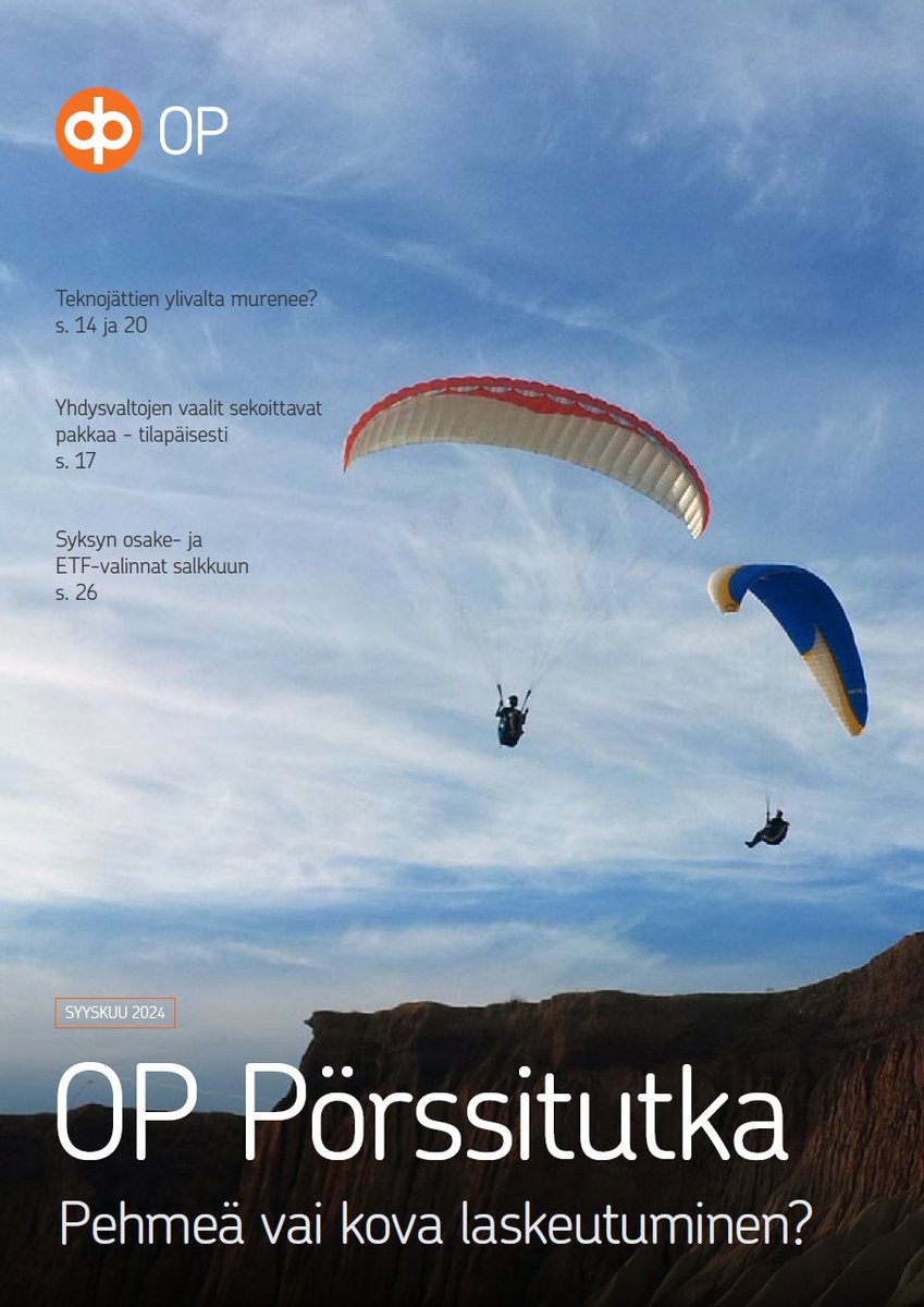 Miten käy jatkossa mahtavien teknologiajättien? Miten USA:n presidentinvaalit vaikuttavat markkinoihin? Mitä hankkia salkkuun loppuvuodelle?

🌎 Näkemyksemme mukaan pelot Yhdysvaltojen ta­louden jäähtymisestä ovat ampuneet yli ja talouden yleiskuva on edelleen positiivinen.