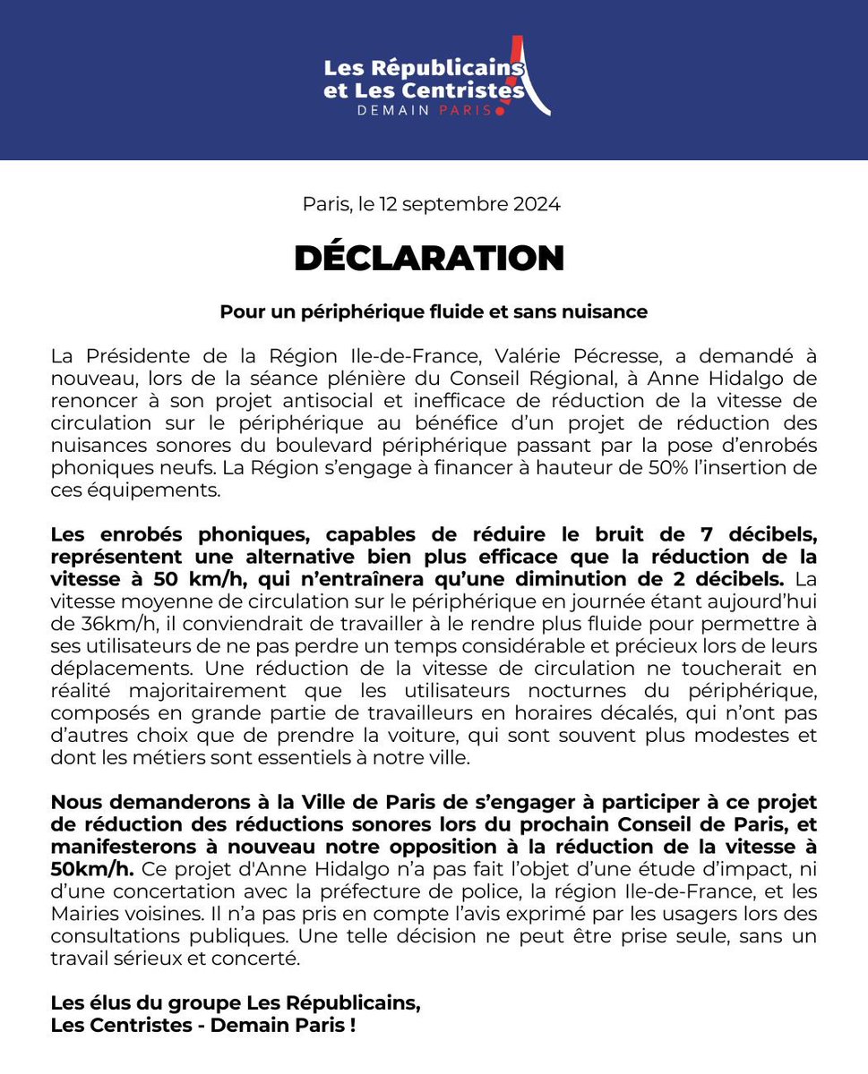 GrpeDemainParis's tweet photo. Déclaration du groupe Les Républicains, Les Centristes - Demain Paris ! , présidé par @fszpiner, en réaction à l’annonce de @vpecresse, Présidente de la Région Île-de-France ⬇️ https://t.co/mZsMyK2qly