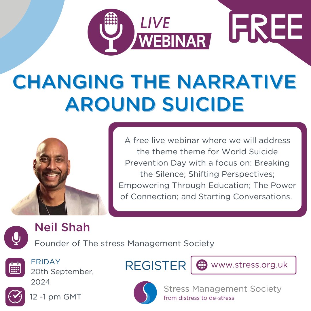 Our upcoming webinar will openly address suicide, giving people the tools and understanding of how to express how they feel and get the support they need. It could even save a life.
Register: stress.org.uk
Friday 20th September, 12- 1 pm