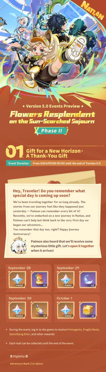 GenshinImpact's tweet photo. "Flowers Resplendent on the Sun-Scorched Sojourn" Version 5.0 Events Preview - Phase II

Hello Traveler! Let's take a look at the upcoming events!

See more details here: https://t.co/XcygFQmqMM

#GenshinImpact #NatlanImpact https://t.co/vKkECPU92W