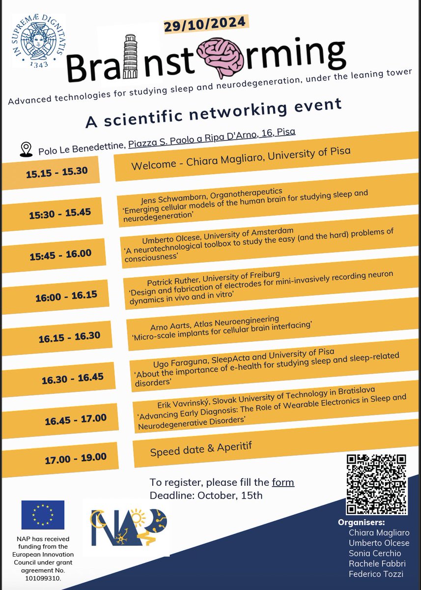 Are you interested in advanced technologies serving neuroscience, sleep, neurodegeneration? And close to Pisa?
So, you can't miss the chance to join NAPPERS and a glass of wine  at the Brainstorming - a scientific networking event!
Registration link: forms.office.com/e/Y7YAfDf4pv
