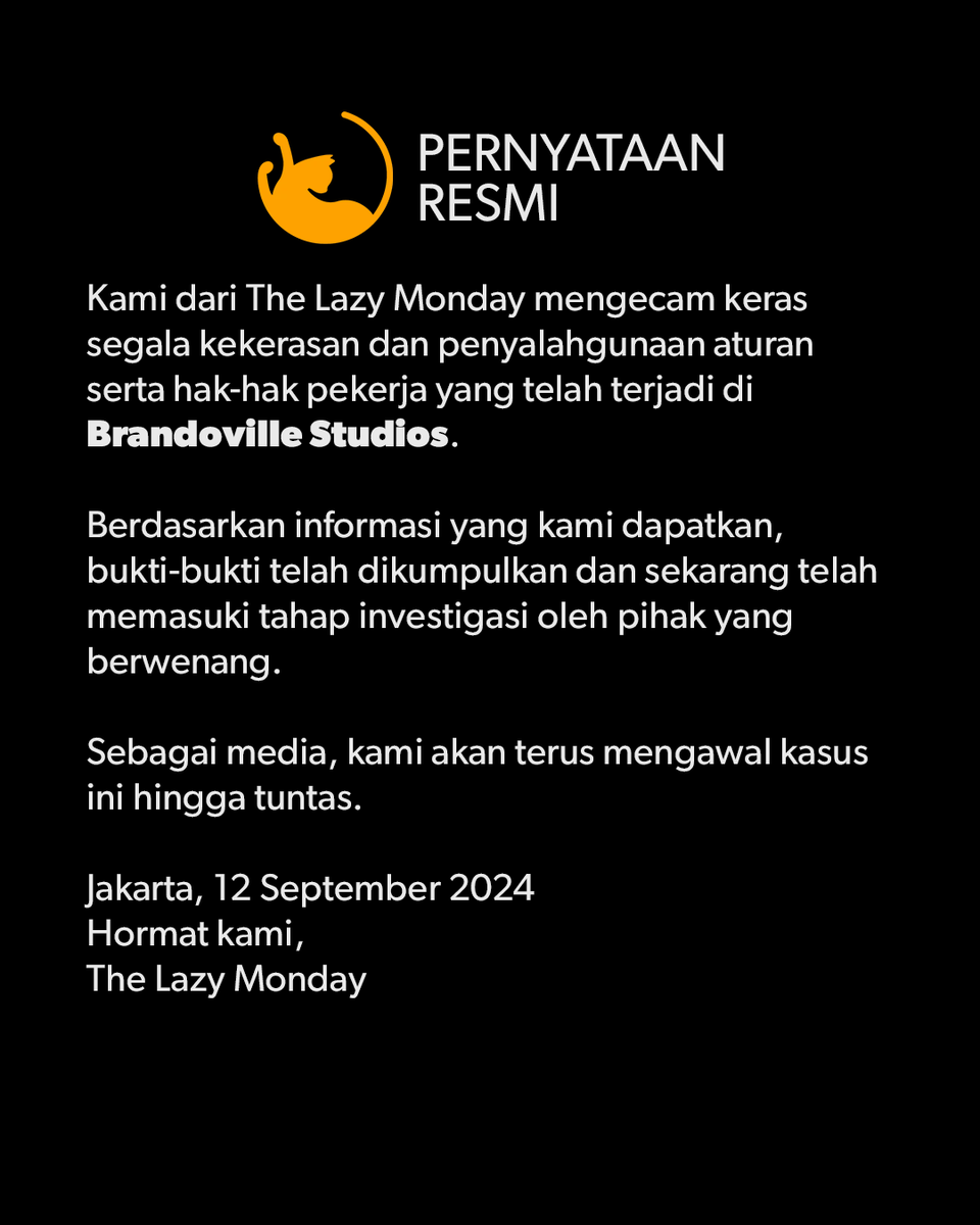 Berikut pernyataan resmi dari kami mengenai kasus yang berhubungan dengan Brandoville Studios. 

Untuk segala bukti yang telah dikumpulkan para korban, bisa diakses melalui tautan berikut: canva.com/design/DAGPODX…