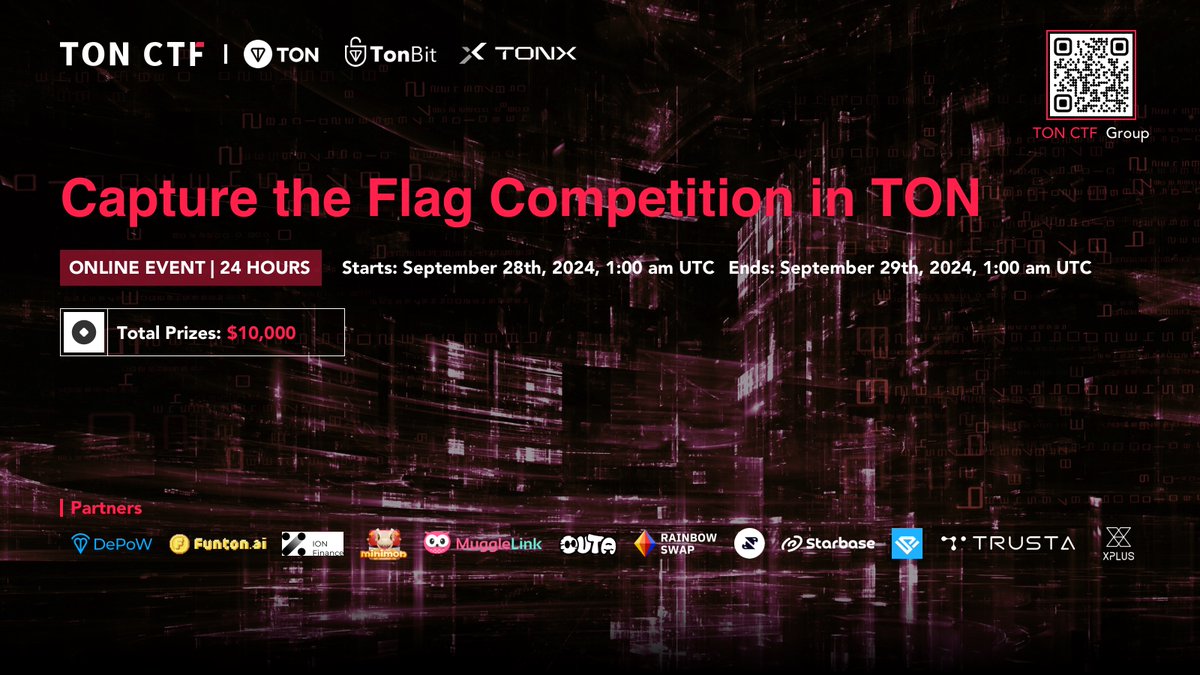 tonbit_'s tweet image. 🔧 Introducing the first Capture The Flag competition on #TON: TON CTF 

Organized &amp;amp; sponsored by @ton_blockchain, @tonbit_, and @TONX_Studio. We are calling all #FunC and #Tact developers to join the CTF challenge. 

🔗 Register Here: ctf.tonbit.xyz 

---

🤝 Meet our…
