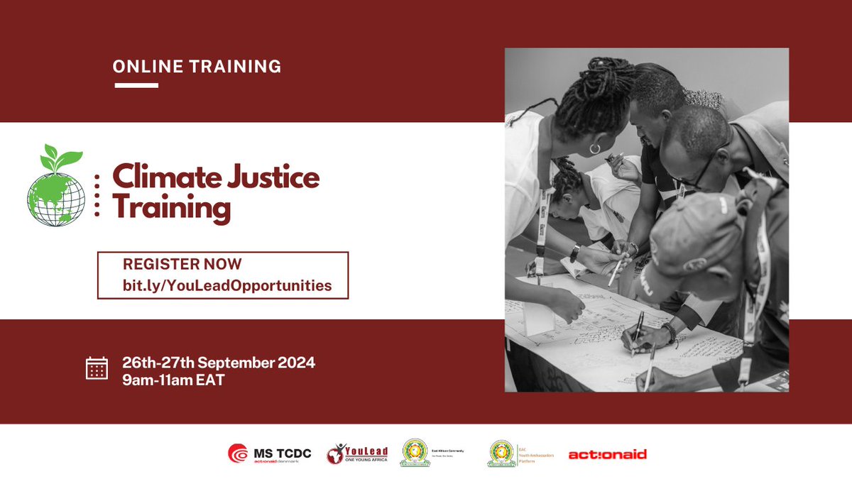 📌Opportunity Alert
Are you a young African seeking to learn more about Climate Justice?

✍🏾REGISTER NOW portal.youlead.africa/public/events#
🗓 26th-27th September 2024

📌Tag a friend
📌Certificates will be awarded to participants who attend both days