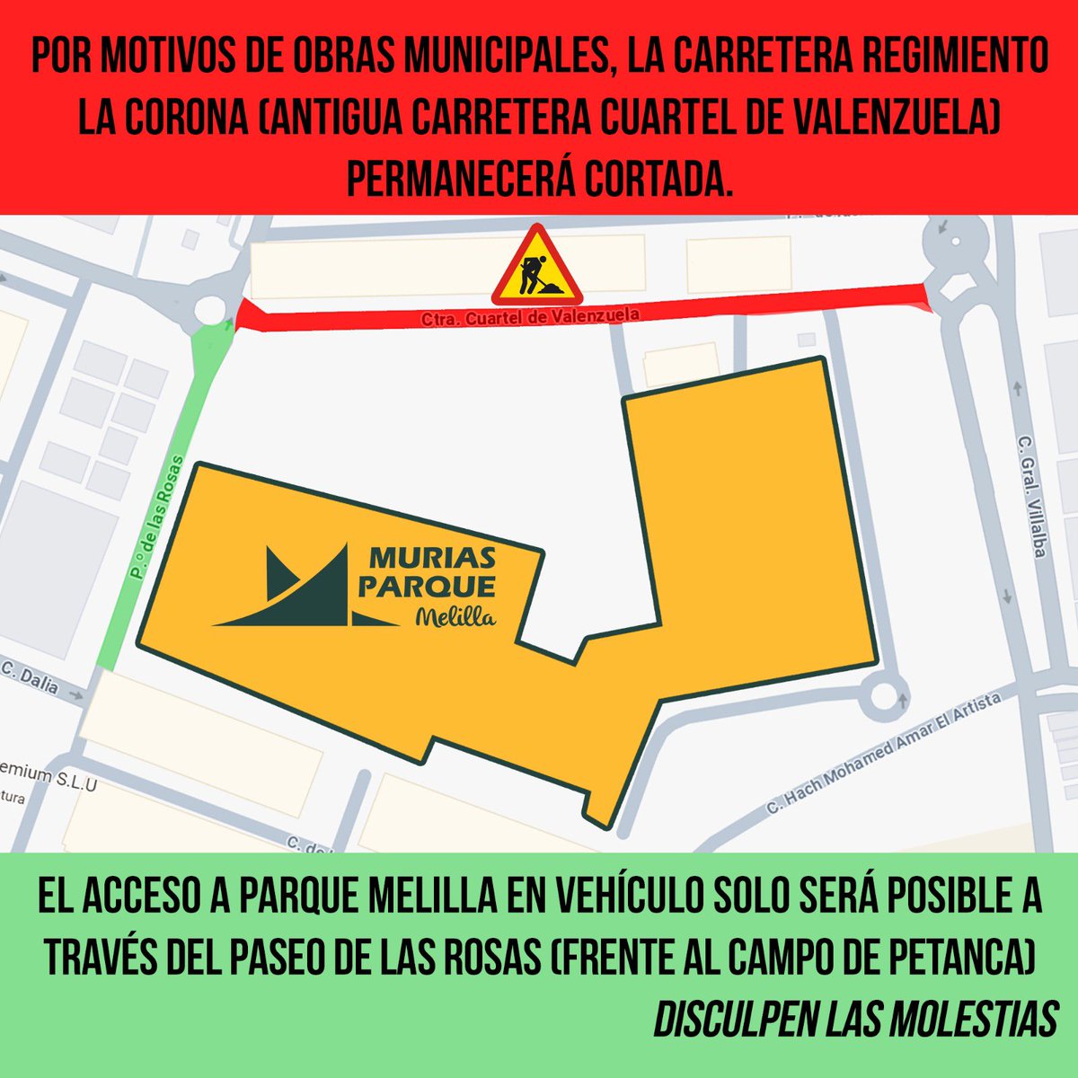 Parque Melilla (@parquemelilla) on Twitter photo 🚧 ¡Atención! 🚧
Por motivos de obras municipales, la Carretera Regimiento La Corona (antigua Carretera Cuartel de Valenzuela) permanecerá cortada. El acceso a <a href="/parquemelilla/">Parque Melilla</a> en vehículo solo será posible a través del Paseo de las Rosas (frente al campo de petanca). 🚧 ¡Atención! 🚧
Por motivos de obras municipales, la Carretera Regimiento La Corona (antigua Carretera Cuartel de Valenzuela) permanecerá cortada. El acceso a <a href="/parquemelilla/">Parque Melilla</a> en vehículo solo será posible a través del Paseo de las Rosas (frente al campo de petanca).
