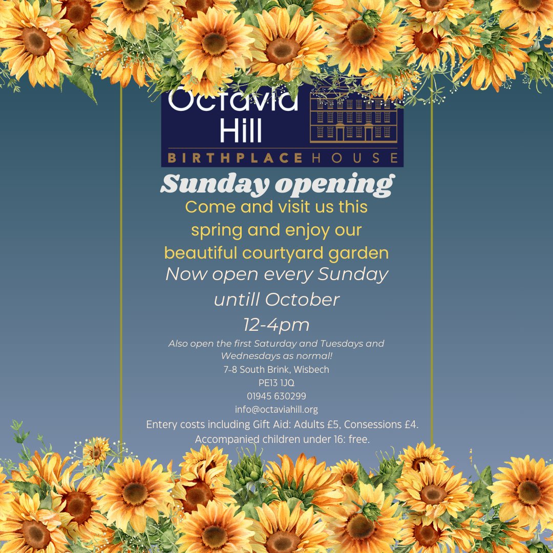 We are pleased to announce that we will be continue our Sunday opening times until October. 
We are still open our usual days, Tuesday, Wednesday and the first Saturday of the month. 
See octaviahill.org for more details.