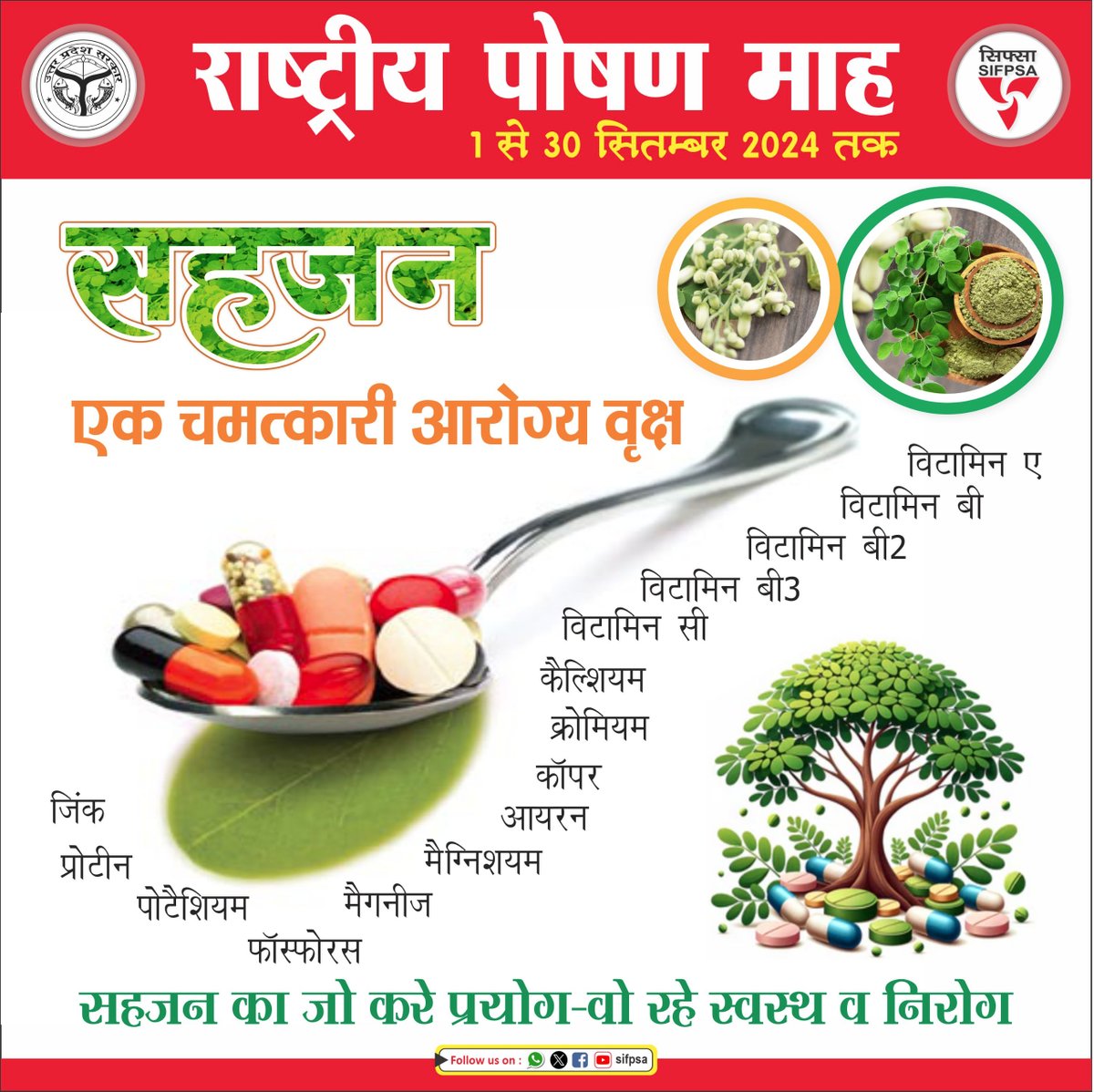 राष्ट्रीय पोषण माह 1 से 30 सिम्बर 2024 तक : #सहजन एक चमत्कारी #आरोग्य_वृक्ष : #सहजन की फली, हरी पत्तियों व सूखी पत्तियों में लौह तत्व, आवश्यक खनिज, कैल्शियम, विटामिन-ए आदि भरपूर मात्रा में पाया जाता है। #सहजन के नियमित सेवन से पोषण सम्बंधी समस्याओं से निपटा जा सकता हैं।
#moringa
